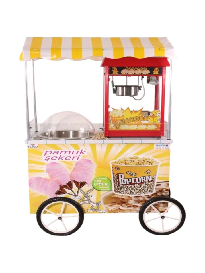Tekerlekli Popcorn Mısır Patlatma ve Pamuk Şeker Arabası (Model Dalaman) 60x120