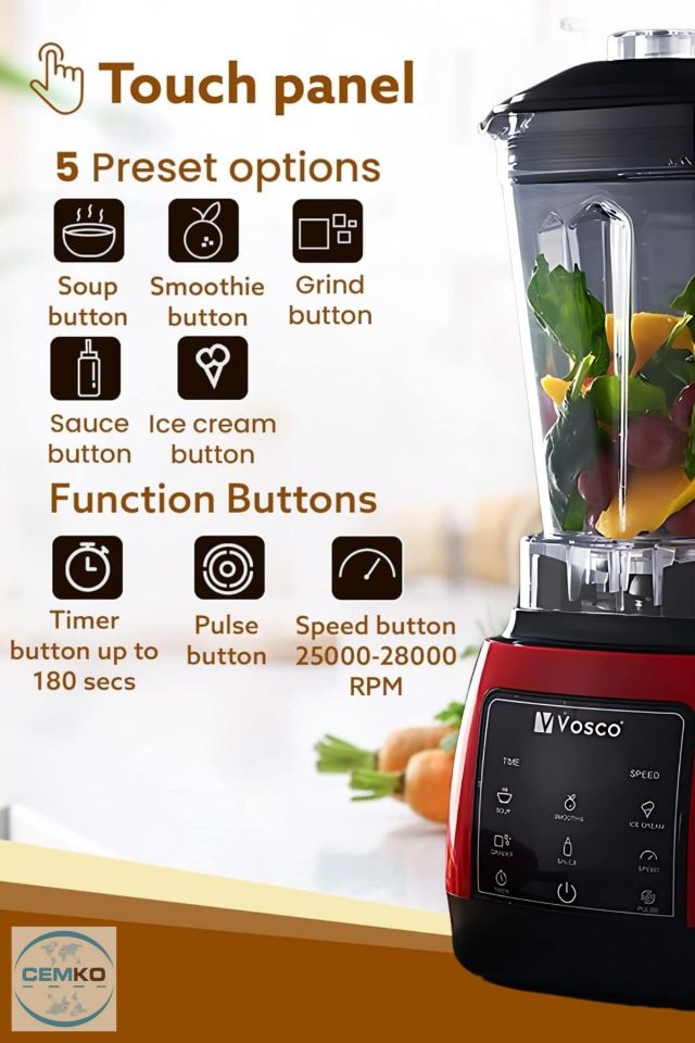 Bar Blender Vosco Home Pro Blender 1600W 2L Kırmızı
